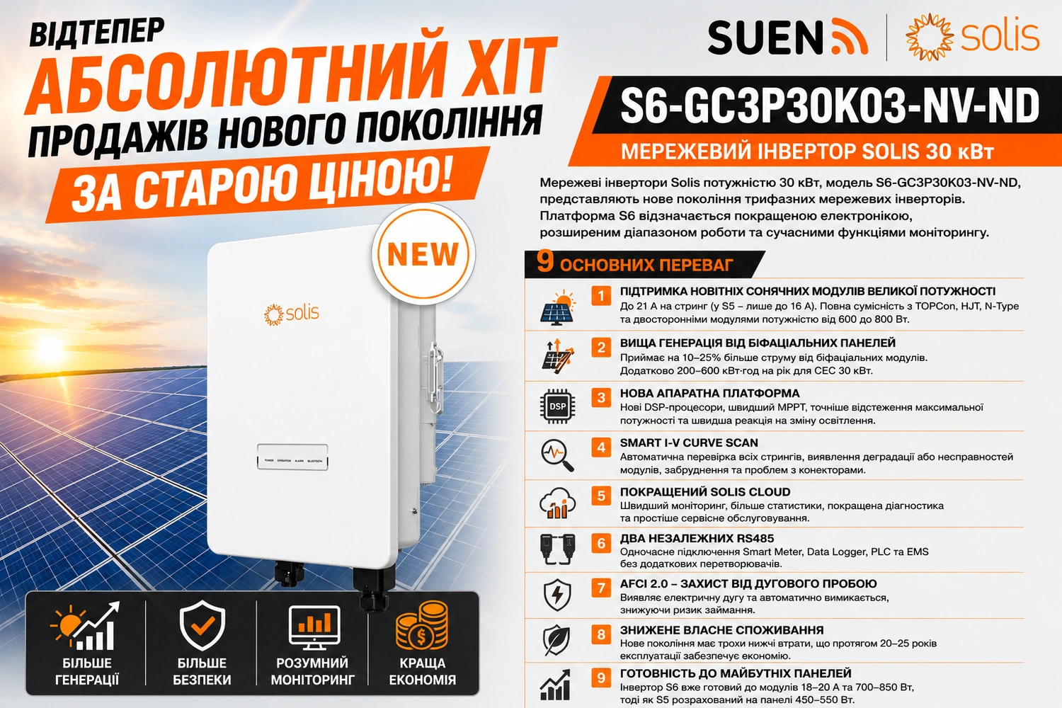 Мережевий інвертор Solis S6-GC3P30K03-NV-ND 30 кВт | SUEN